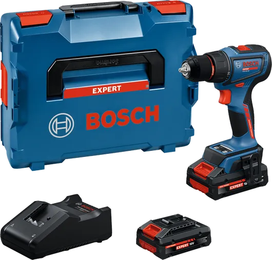 Bosch EXSR18V-90 akku-boremaskinesæt med batterier.